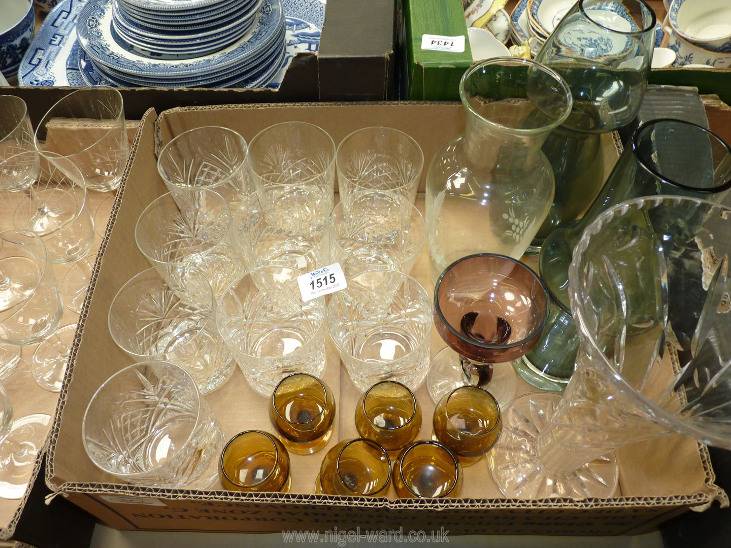 A quantity of glass to include ten cut glass whisky tumblers, two blue glass vases,