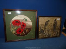 A framed embroidery of Potato pickers in prayer after Millet (The Angelus) together with a framed