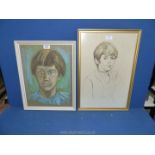 A framed pastel drawing of a young child indistinctly signed lower right, plus one other.