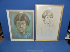 A framed pastel drawing of a young child indistinctly signed lower right, plus one other.