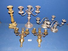 A quantity of plated and brass items including three and two branch candelabra, wall sconces etc.