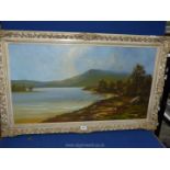 A large framed Oil on canvas depicting a large lake with trees on both sides and hills in the