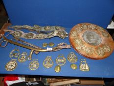 A quantity of horse brasses including brass calendar surrounded by signs of the zodiac on wooden