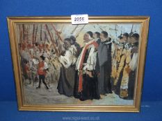 A small framed oil on board depicting a crowd of people to include a Priest,