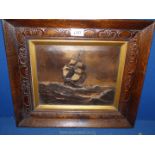 A carved wooden framed Oil on canvas depicting a sailing vessel on high seas in brown tones,