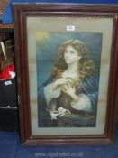 A large wooden framed print of a young girl holding a book to her chest