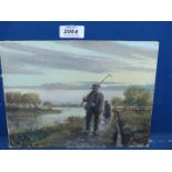 An unframed Oil on board depicting Fenland scene with figures, one figure with scythe,