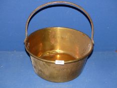 A large brass Preserving pan with metal handle, 15'' diameter x 16'' high.