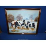 A framed Oil on board depicting Horses in the snow eating hay, signed lower right Yvonne Garner,