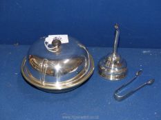 A 19th c. white metal wine funnel, Nevada silver sugar tongs plus an Art Deco muffin dish and cover.