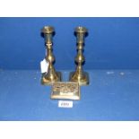 A pair of 19th Century brass ejector candlesticks, plus a brass Art Nouveau stamp box.