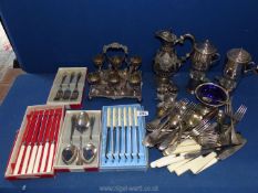 A silver plate coffee percolator, six egg cups and spoons, thistle condiment set,