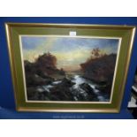 A large framed oil on canvas of a River landscape with waterfalls, signed lower left D.