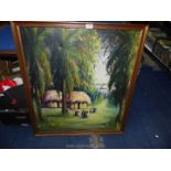 A large framed oil on board depicting an African village,