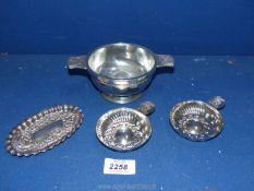 A Pewter Quaich bowl and two wine tasting cups, etc.