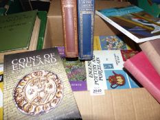 A box of books to include; gardening, 'Coins of England', 'English Pottery and Porcelain', etc.