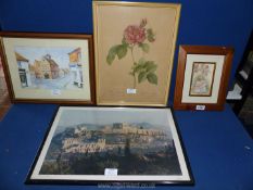 Four framed Prints: Acropolis of Athens, a Redoute print of Rosier de Francfort,