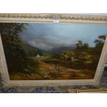 A large ornate framed oil on canvas depicting a country landscape with a woman and child walking on