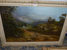 A large ornate framed oil on canvas depicting a country landscape with a woman and child walking on