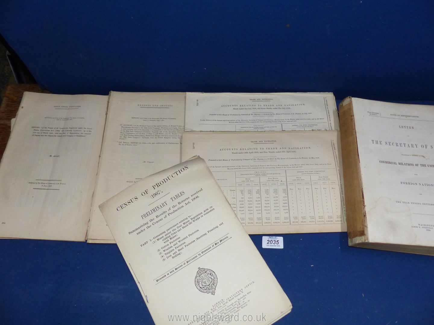Various Government reports 1857/58 on Joint Stook Companies, Exports and Imports,