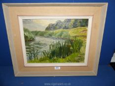 A framed oil on board titled verso 'The River Bank',