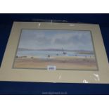 A mounted Watercolour depicting Beach scene with moored boat and figures, signed lower right R.