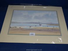 A mounted Watercolour depicting Beach scene with moored boat and figures, signed lower right R.