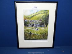 A framed and mounted print titled 'Sheep in the Meadow', signed lower right 'Christine Hunt'.