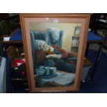A wooden framed and mounted oil on board depicting an elderly lady sat in a chair with a side table
