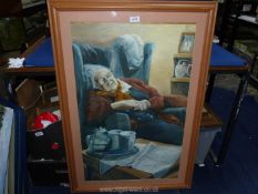 A wooden framed and mounted oil on board depicting an elderly lady sat in a chair with a side table