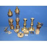 A pair of candlesticks, GWR carriage lamps (one glass missing) etc.