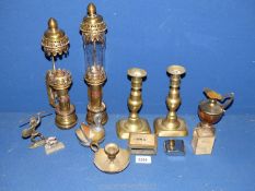 A pair of candlesticks, GWR carriage lamps (one glass missing) etc.