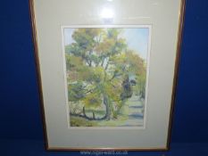 A framed and mounted watercolour depicting a country landscape with a path meandering down a tree