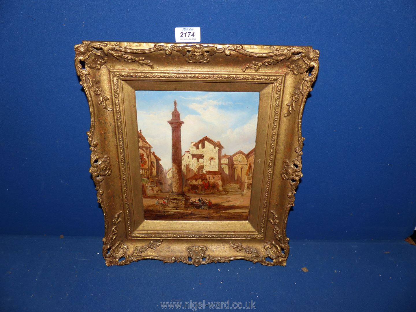 An ornate framed oil on board, label verso 'View of a Continental Square', signed lower right 'C. - Image 2 of 2