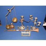 A toast rack, small candlesticks, candelabra, brass hunting horn, etc.
