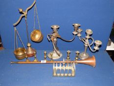 A toast rack, small candlesticks, candelabra, brass hunting horn, etc.