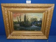 An ornate framed oil on board depicting a water mill, signed lower right 'J.