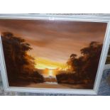 A large framed oil on canvas depicting a river landscape at sunset,