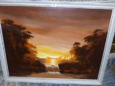 A large framed oil on canvas depicting a river landscape at sunset,