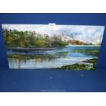 An unframed oil on canvas depicting a river scene with tree reflections,