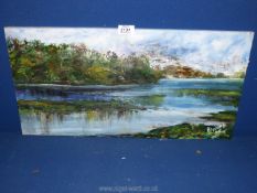 An unframed oil on canvas depicting a river scene with tree reflections,