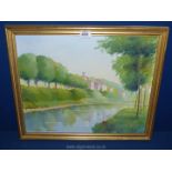 A framed Oil on board of River scene with buildings on left bank, signed K.B.