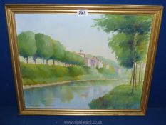 A framed Oil on board of River scene with buildings on left bank, signed K.B.