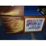 A large pine framed Print depicting a table with vase of flowers, teapot,