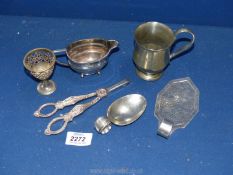 A small cake slice, plated cream jug, egg cup, a small tankard dated 1933,