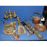 A quantity of brass and copper including brass and leather bellows, part companion set,