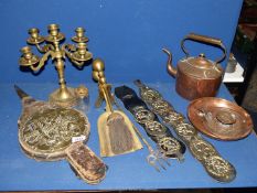 A quantity of brass and copper including brass and leather bellows, part companion set,