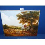 An unframed oil on canvas depicting a harvest scene with figures taking a rest,