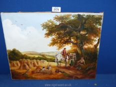 An unframed oil on canvas depicting a harvest scene with figures taking a rest,