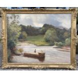 A very large ornate framed oil on canvas depicting a single fisherman on a lake with park land